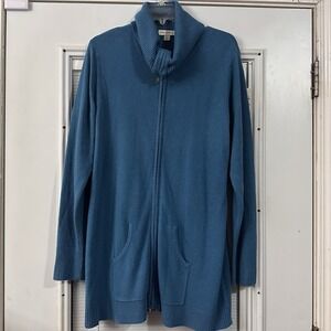 Susan Graver Cowl Neck Zipup Blue Cardigan Size L